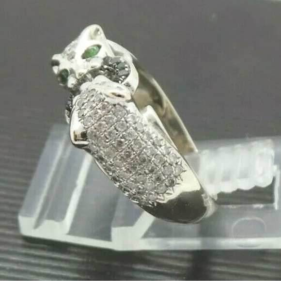 18K WHITE SOLID GOLD LADIES PANTHER DIAMOND and EMERALD RING - Picture 10 of 13